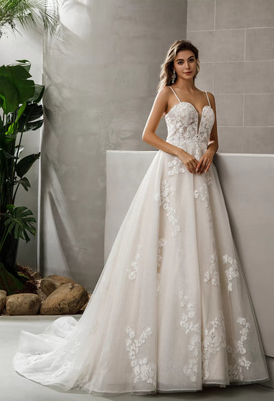 Beaded Spaghetti Strap Plunging Sweetheart Neck Ballgown Bridal Gown