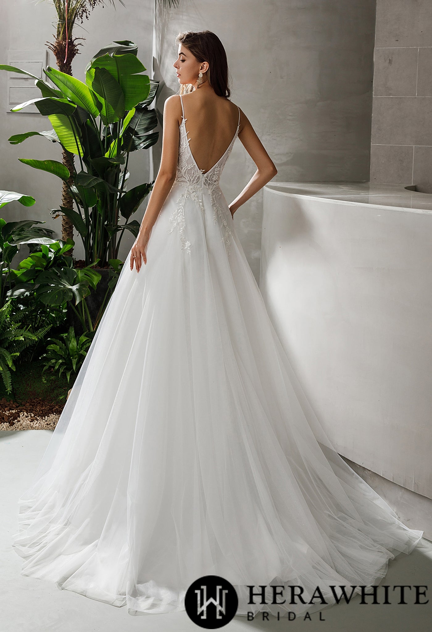 Beaded Strap V-Back Train A-Line Bridal Gown